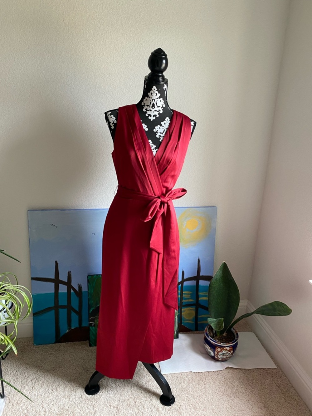 Ted Baker London Red Sleeveless Wrap Midi Dress with Waist Tie